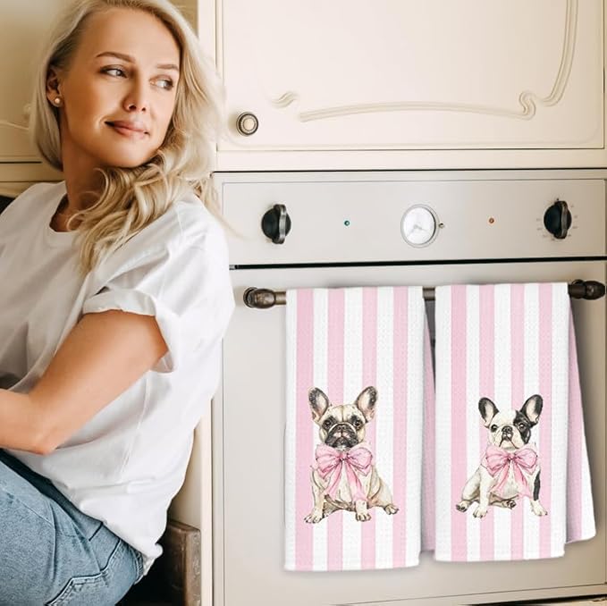Pink Bow French Dog Kitchen Towels, French Bulldog Gifts Dish Tea Towels for Kitchen Decor, Preppy Girly Frenchie Dog Decorative Hand Towel Bathroom Decor, 16x24 Inch Set of 2