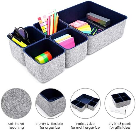 Welaxy Desk Drawer Organizers Storage bins Set Home Office Pen holder pencil phone stand Remote controler Closet Cabinet boxes Organizing 5-piece gifts ideas (Navy)