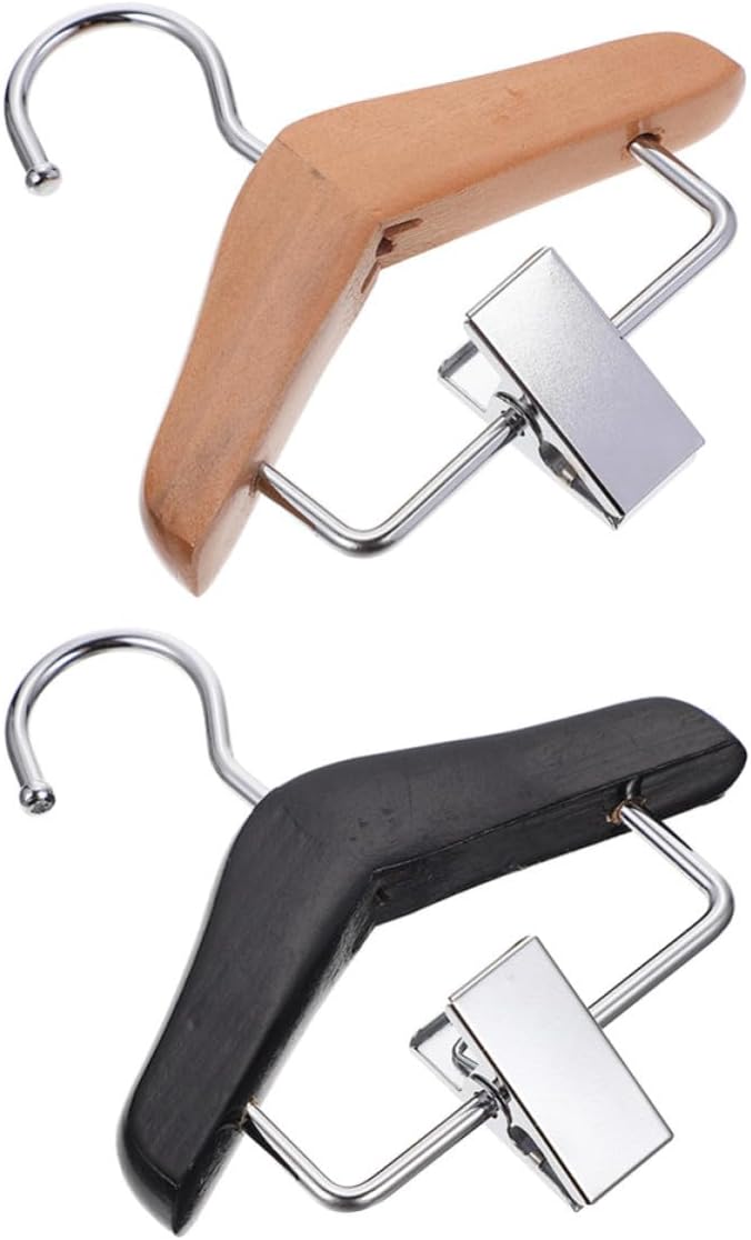 2pcs Dog Apparel Hanger Wooden Pants Clip Rack for Pet Clothes | Black and Brown Set, Stainless Steel Clamp Detail, Practical Hanging Organizer for Pet Pants and Apparel