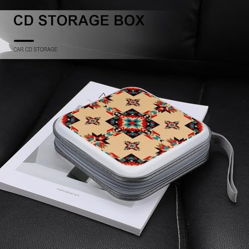 40-Disc Hard Shell Storage Wallet Native American Western Decor Boho Aztec, DVD CD Binder with Carry Strap, Portable Protective Organizer for Travel Office