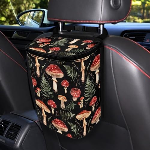 Car Accessories Back Seat Multipurpose Car Trash Can with Lid, Leak Proof Waterproof Hanging Car Garbage Can for Road Trip Travel, Mushroom Print