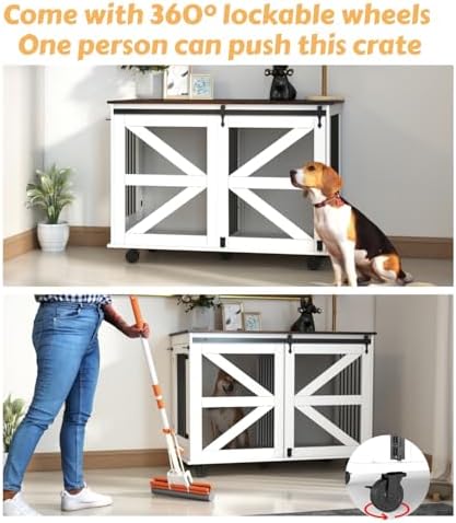 47.2" Mobile Dog Crate with 5-Caster System Brown White Easy Move & Ventilation Home Decor