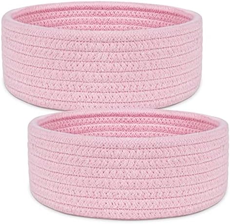 ABenkle 2 Pack Small Baskets, Cotton Rope Woven Basket, Cute Mini Tiny Storage Baskets, Decorative Boho Basket for Nursery Living Room Bedroom Shelf, Empty Gift Basket - Pink