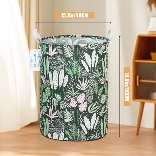 Round Laundry Basket Collapsible Storage Hamper Organizer Full Leaf | Waterproof Canvas Foldable Baskets with sturdy Handles Multi-scene Organizer for Home Play Bedroom Gift Bin
