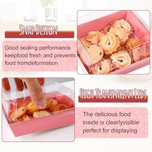 50 Pack Small Charcuterie Boxes with Clear Lids,5 inches Disposable Food Containers,Pink Dessert Boxes with Thank You Stickers,Bakery Box for Sandwich, Strawberries,Cookie,Cake Slice(Pink)