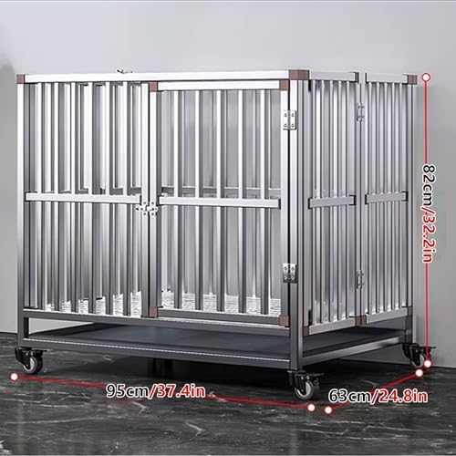 Large Foldable Dog Cage with Double Door Design, Stainless Steel, Lockable Wheels, Bottom Feeding, Removable Tray, Perfect for High Anxiety Dogs, 78x52x72cm