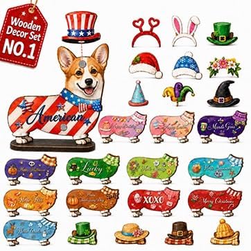 Interchangeable Seasonal Animal Wooden Decor Set | Magnetic Holiday Cat Dog Desk Sign Animals Figurines Tabletop Ornament to Dress up, Pet Magnetic Accessories with Hats(#H)