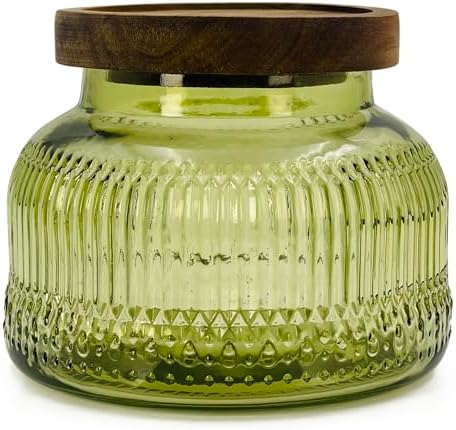 Decorative Green Ribbed Glass Jar with Airtight Wooden Lid, 40 fl. oz | Wide mouth vintage storage canister, kitchen pantry bathroom organization, coffee sugar tea cookie candy candle vase gift