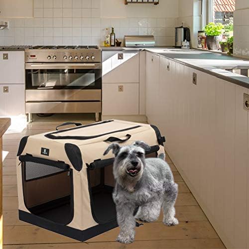 X-ZONE PET 3-Door Portable Soft-Sided Folding Soft Dog Travel Crate Collapsible Pet Kennel,Large, Tan, 32 x 23 x 23 Inches