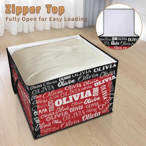 Personalized Extra Large Storage Basket with Lid, Comforters, Bedding Toys Black Red Color Storage Bin with Handles for Home, Collapsible Basket for Clothes, Moving, Car Trunk