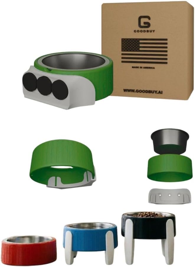 Pet Station Elevated Dog Bowl Stand for 6.8 in. Bowls - 3D Printed Dog Feeder - Adjustable Height Legs and Magnetic Fridge Mount Feeding Station - Made in USA (Green, Bowl + Full Combo)