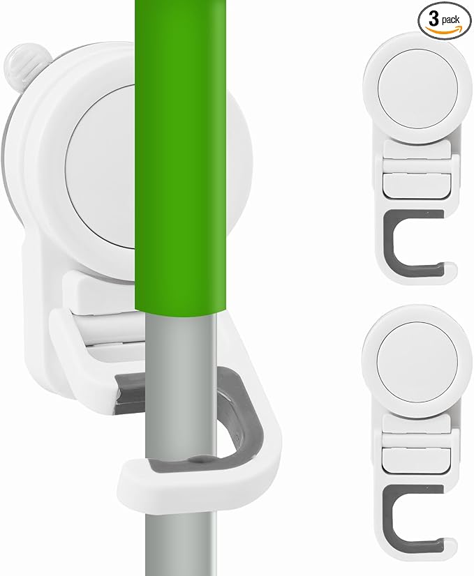 Suction Cup Mop Holder Wall Mount Broom Holder Mop Handle Hanger Household Cleaning Organizer, No Drilling Holds up to 12-15lbs (3pack)