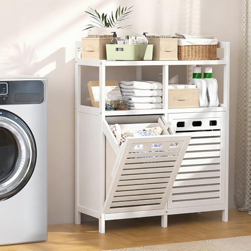 VASMIA Tilt Out Laundry Hamper Cabinet, Bamboo Double Laundry Hamper with 2 Removable Laundry Baskets, 20 Gal Laundry Sorter Organizer with Shelf for Dirty Clothes, Bathroom, Laundry Room, White
