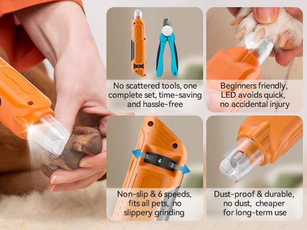 PAPIFFEED Dog Nail Grinder, Quiet 6-Speed Electric Nail Trimmer with Dual LED Light, Rechargeable for Small Medium Large Dogs, with Premium Nail Clipper (Orange Set)