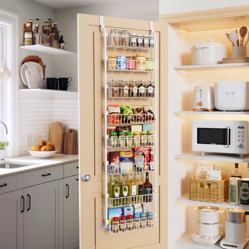 Delamu Over The Door Pantry Organizer, 8-Tier Hanging Spice Rack | Large Pantry Door Organization and Storage Seasoning Shelves, Door Organizer for Kitchen, 17.1"W x 65.4"H x 5.8"D, White