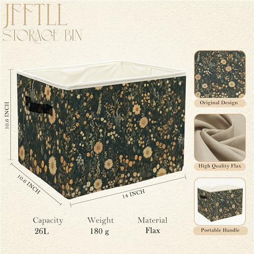 Vintage Boho Wildflower Storage Bins with Handles, Dark Cottagecore Floral Botanical Collapsible Laundry Basket Storage Box for Home Bedroom Bathroom Clothes Toys Books