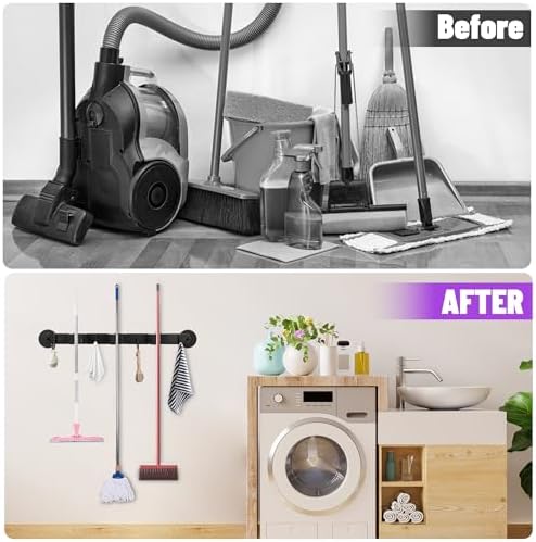 Magnetic Broom Holder Wall Mount - Heavy Duty Non-Slip Mop Hanger with 4 Hooks And 3 Rack, No Drill Tool Organizer for Refrigerator,Garage,Laundry Room (Black, 3Racks 4Hooks)