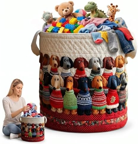 Dachshund Dog Laundry Basket Quilted Cute Puppy Clothes Hamper Fabric Toy Storage Bin Red Floral Pattern Blanket Organizer Bag(14"x 18")