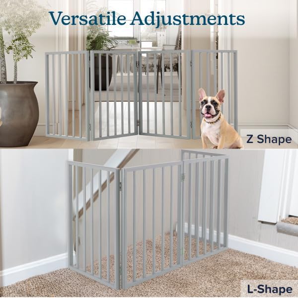 Pet Gate - 4-Panel Indoor Foldable Dog Fence for Stairs, Hallways, or Doorways - 72x24-Inch Retractable Wood Freestanding Dog Gates by PETMAKER (Gray) | Foldable Dog Fence with Accordion Design, Wooden Safety Pet Fence for Stairs, Hallways, Doorways, a...