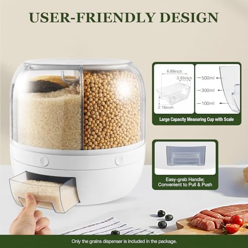 Grain Dispenser 360° Rotating Rice Dispenser 6 Grids Container Round Multigrain Grain Storage Tank for Home Kitchen Dry Food Dispenser for Peanut,Barley,Millet and Cereal