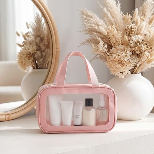 Abbylike 12 Pcs Clear Toiletry Bags with Handle for Women and Men, Matte Translucent Waterproof Cosmetic Bags with Zipper for Travel Toiletries Wash Shower Accessories Bachelorette Bridal Party(Pink)