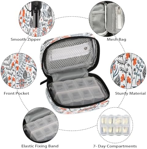Pill Organizer Box Bohemian Herbs Flowers 7-Day Weekly Medicine Pill Case Travel Pill Container Portable Pill Holder Storage Purse Bag Small Compact Size for Vitamin Supplement Birth Control