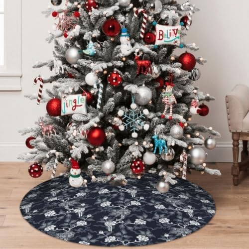 Christmas Tree Skirt, Soft Polyester Xmas Tree Skirts with Ribbon Ties, Rustic Farmhouse Holiday Party Decorations Indigo Dye Seamless Stencil Pattern 48"