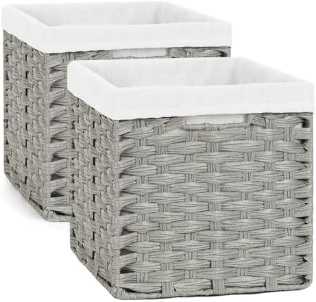Bidtakay Wicker Cube Baskets with Liners Cube Storage Organizer for Shelves Closet 11 inch 2 Pack Decorative Hand-Woven Imitation Wicker Storage Bins for Organizing Pantry Bedroom Light Grey