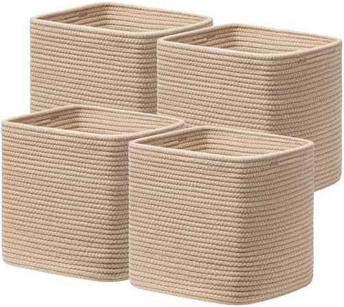joybest 11inch Cube Storage Bins, Cotton Rope Woven Organizer Basket | Set of 4 Cube Bin Square Shelves Organizer Closet Storage, Nursery, Toy Organization, Brown