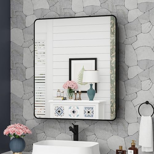 ACEMIRO 30x32 Inch Bathroom Medicine Cabinet with Mirror Black Metal Framed Mirror Cabinet Recessed or Surface Wall Mounted Medicine Cabinets for Bathroom