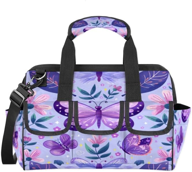 Purple Butterfly Heavy Duty Tool Bag 14.8 Inch Butterflies Rustic Floral Portable Soft Tool Box Organizer Storage with Adjustable Shoulder Strap