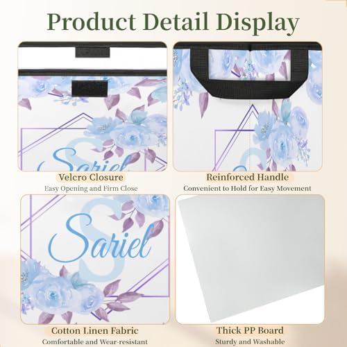 Blue Floral Storage Bin with Lid Personalized Storage Baskets for Organizing Foldable Closet Organizers with Handles,Cute Basket for Boys Girls for Clothes Blanket Pet Dog Toy Basket Storage (1 Pack)