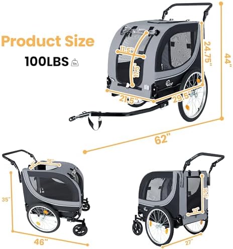 2-in-1 Dog Bike Trailer & Pet Stroller for Dogs Up to 100lbs, Foldable Pet