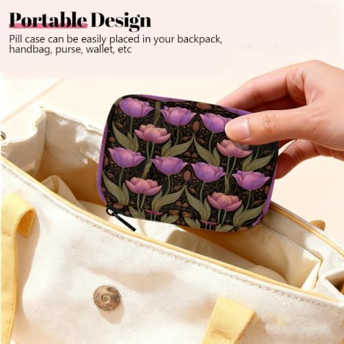 Travel Pill Organizer Vintage Pink Purple Tulips Small Pill Case