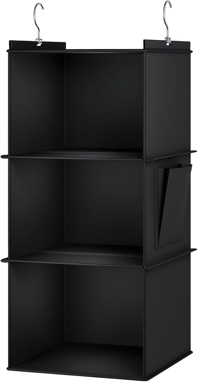 YOUDENOVA Hanging Closet Organizer and Storage for Clothes, 3-Shelf, Black | Locker/RV/Camper Organizer, Side Pocket, Hanging Shelves for Small Closet, Dorm Room Essentials for Guys, Breathable Fabric