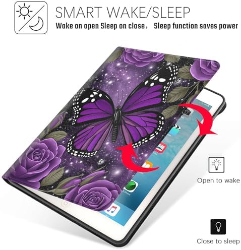 Tablet Case for iPad 10.2 Inch (9th/8th/7th Gen),Shockproof Protective Cover with Stand,Auto Wake/Sleep,Auto Wake/Sleep,Purple Butterfly Rose