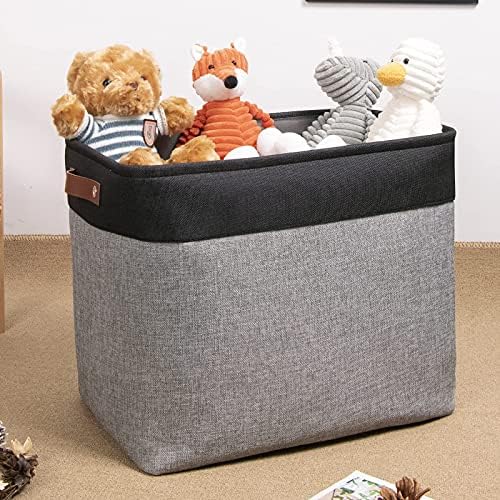 DULLEMELO Large Collapsible Storage Basket/Bin with Sturdy Leather Handles, Fabric Organizer Bin for Storage Clothes, Books, Office, Bedroom, Closet, Nursery & Laundry (Black&Gray)