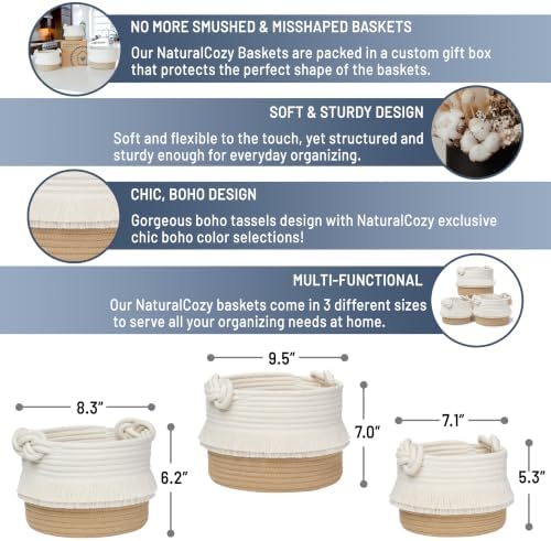NaturalCozy 3-Piece Decorative Storage Basket Set – Cotton Rope Woven Baskets for Organizing! Small Basket for Nursery Baby Stuff, Gift Basket, Montessori, Dog Toy Bin, Cat Basket, Bathroom Shelves