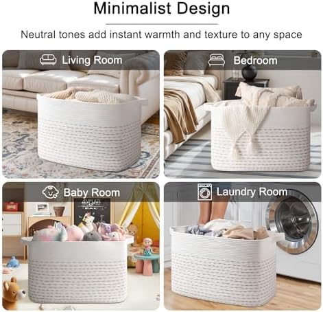 OIAHOMY 108L Extra Large Blanket Basket, 25”x16”x16” Rectangle Woven Cotton Rope Baskets for Living Room, Toy Storage with Handle- Light Yellow & White