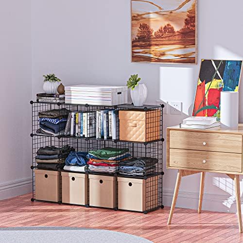 HUBSON Wire Cube Storage Organizer, Book/Toy/Craft/Potted Plants and petCloset Organizers and Storage Shelves, 12-Cube Freely Combinable Metal Grids Storage Shelf,Black Plus Iron