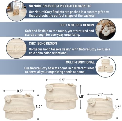 NaturalCozy 3-Piece Boho Decor Storage Basket Set – Cotton Rope Woven Baskets for Organizing! Small Basket for Baby Stuff, Baby Shower, Gift Basket, Nursery Basket, Planter, Toy Basket, Shelves