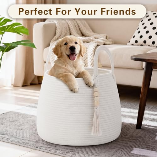Large Nursery Hamper, 30L Blanket Basket with Handle, Baby Laundry Basket for Gift, Toy, Clothes, Woven Storage Basket with Wooden Bead Decor, Baby Hamper for Nursery (Black&Brown)