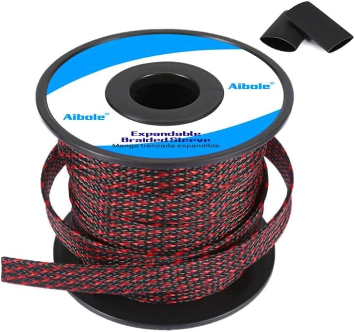 PET Expandable Braided Sleeving 100Ft-1 inch Wire Loom, Aibole Cable Sleeve Wrap,Black&Red BlackRed