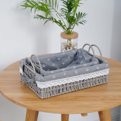 Set of 2 Paper Rope Storage Baskets with Handles & Liners