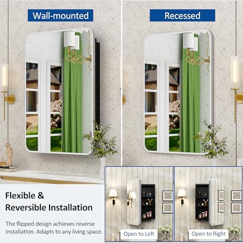 ACEMIRO 20x28 Inch Recessed Medicine Cabinet with Mirror Metal Framed Surface Wall Mounted Bathroom Mirror Medicine Cabinet with Storage Brushed Silver