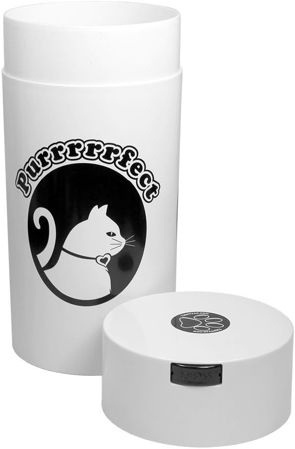 Tightpac Pawvac 5 to 24 Ounces Container, Airtight Pet Food and Treats Storage Jar - Patented Vacuum Seal Container for Pet Food, Treats and other Dry Goods - White with Cats