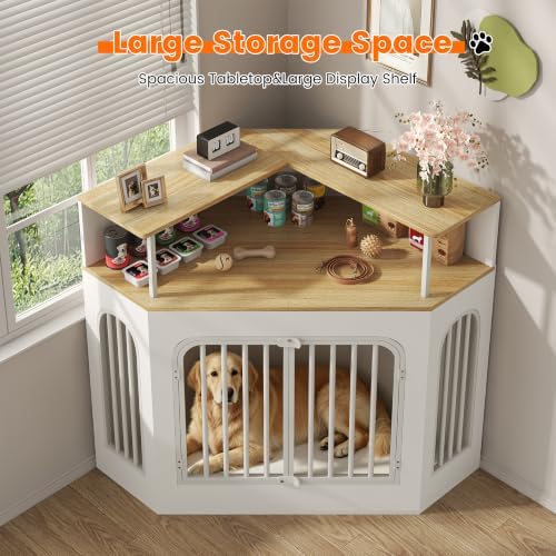 kepptory Large Corner Dog Crate Furniture with Arched Design and Tall Shelf