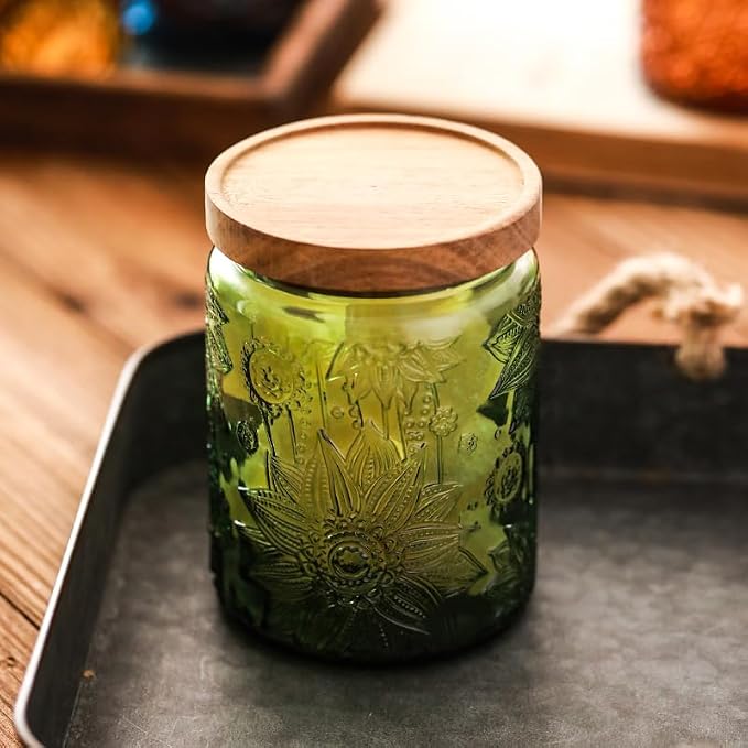 2-Pack Green Vintage Glass Jars, 23.7 oz Sunflower Embossed Food Canisters | Pantry organizer, coffee bean holder, tea container, sugar keeper, cookie holder, candy bin, oatmeal holder, countertop decor
