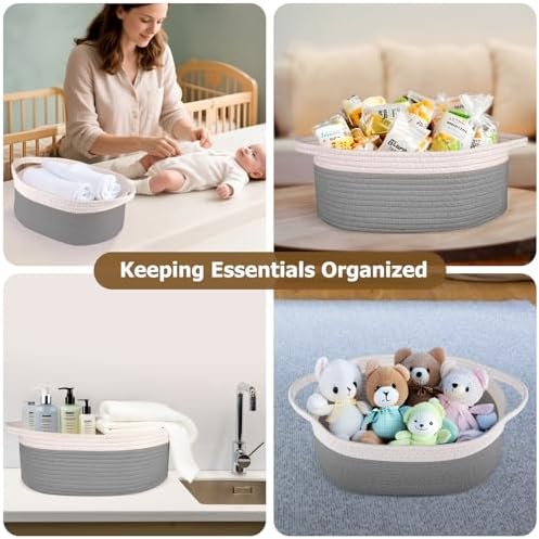 Small Woven Basket, 12" x 8" x 5" Gift Basket Empty with Ribbon and Gift Bag, Rope Basket for Baby Shower, Holiday Presents,Storage Basket with Handle for Nursery,Pet Toy Basket (White-Grey)