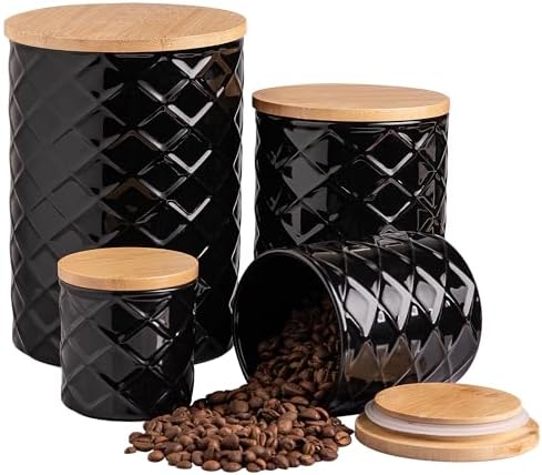 Sweejar Ceramic Canisters Sets for Kitchen Countertop, Relief Food Storage Jar with Bamboo Lid, Stackable Container for Flour, Coffee, Pasta, Cereal, Tea, Cookies, Sugar, Spices, Pack of 4 (Black)